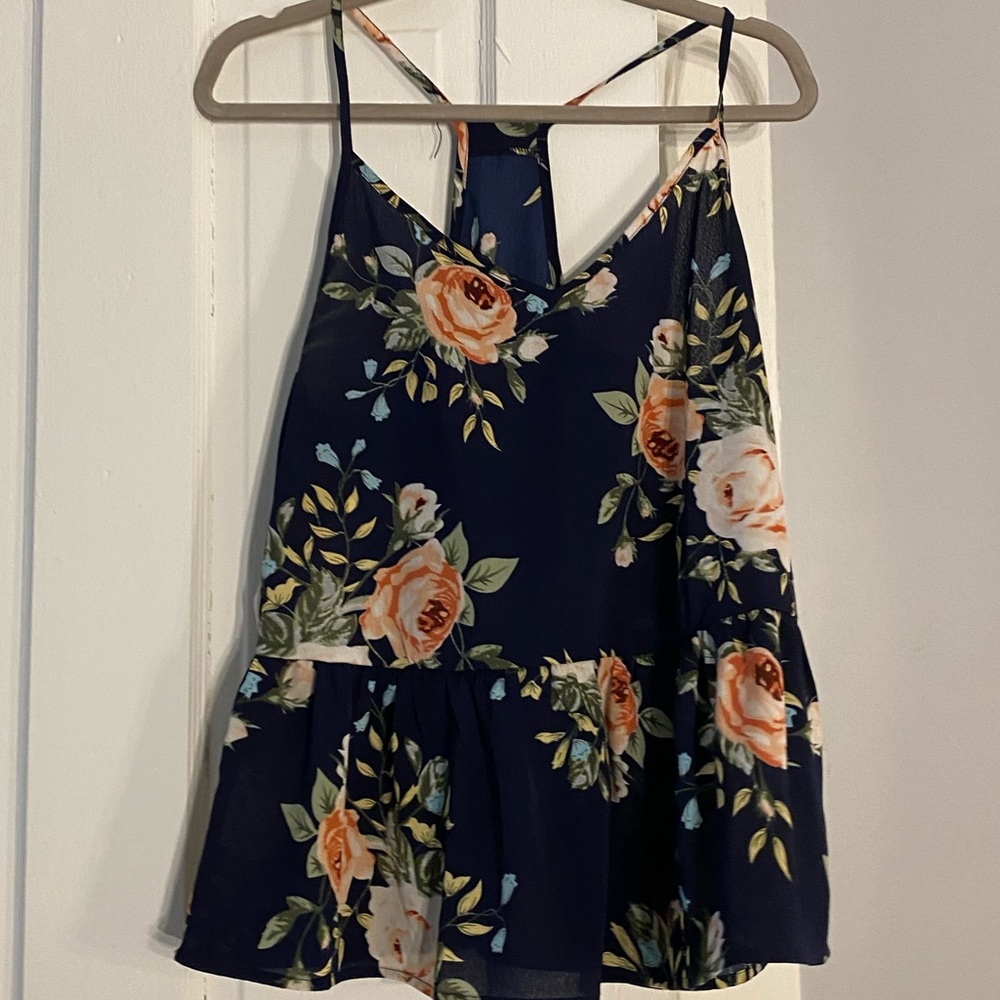 Floral see through navy tank top